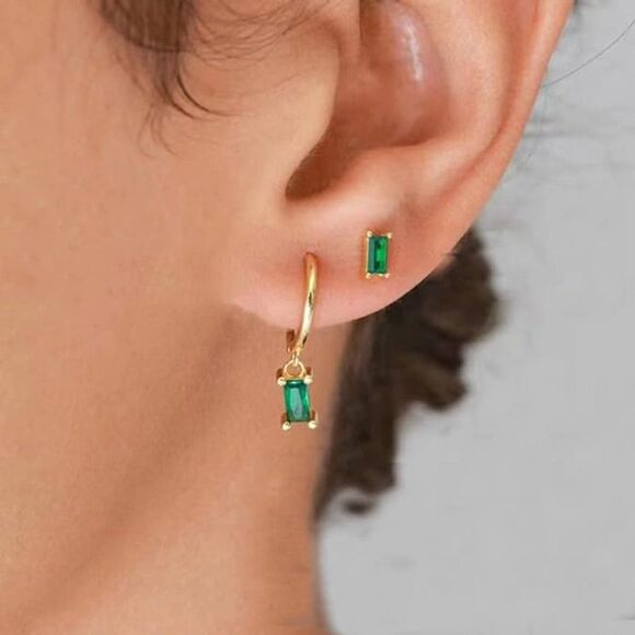 Emerald Huggie Hoop Earrings Gold Dangle Rectangle Emerald Earring, Gold Hoop925 - Picture 2 of 2